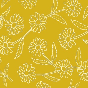 White Daisy Lg Outline Flowers, Stems and Leaves Trailing Line Floral Pattern, Yellow Gold Background