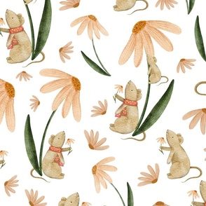 Cute Watercolor Mouse in Daisy Garden - Large Scale