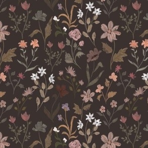blotchy wildflowers - dark brown - ditsy