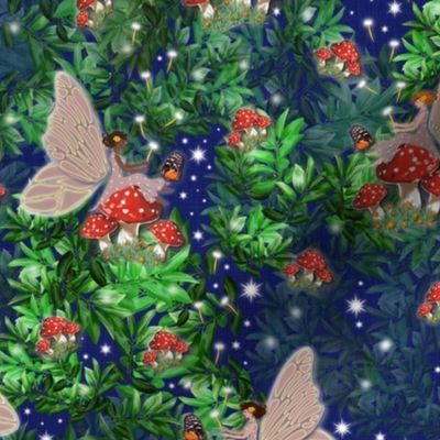 Mystical Fantasy Land of Fairytales, Fairy Tale Magic, Dreamy Emerald Green Gardens, Ultramarine Royal Blue Mystical Woods, Enchanted Fairy Secret Garden, Ethereal Fairy Wings, Starry Night Skies, Magical Red and White Spotted Toadstool Woodland Fairy