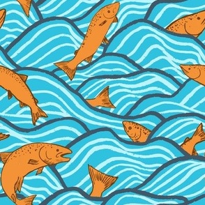 M - Jumping Salmon - Blue Waves, Orange Fish