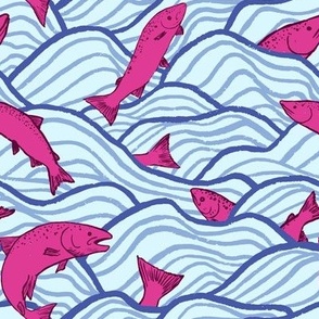M - Jumping Salmon - Purple Blue Waves, Pink Fish