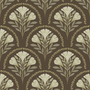 Scallop Damask Yellow Green Three Flowers Branches on a brown background ( medium scale )