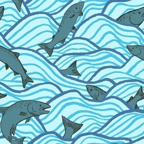 M - Jumping Salmon - Sea Blue Waves, Grey Green Fish
