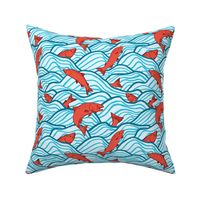 M - Jumping Salmon - Sea Blue Waves, Red Fish
