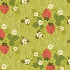 strawberry patch on woodgrain, lime