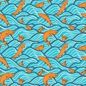 S - Jumping Salmon - Blue Waves, Orange Fish