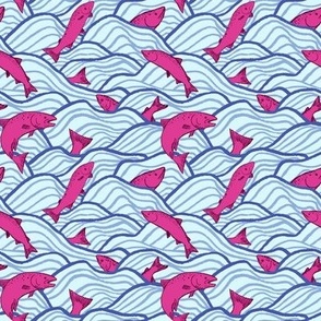 S - Jumping Salmon - Purple Blue Waves, Pink Fish