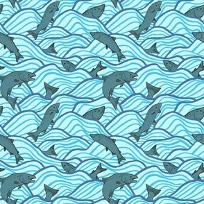 S - Jumping Salmon - Sea Blue Waves, Grey Green Fish