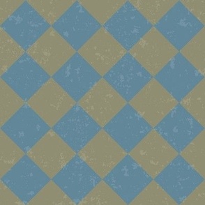 Diagonal Checkerboard with Texture in Blue on Olive Green - Small