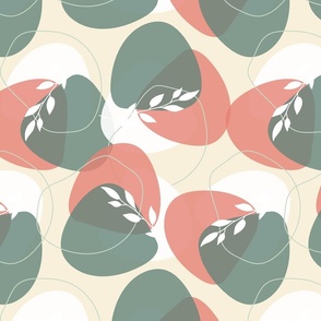 Abstract Shapes - Coral Pink and Dusty Teal Red Green Retro Bold Modern Wallpaper Leaves Organic Shapes