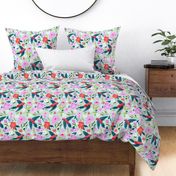 Crimson Rosellas & Purple Flowers - Sage Green - Large Print