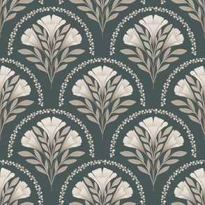 Scallop Damask Three Flowers Branches in beige on a charcoal blue green background ( medium scale )
