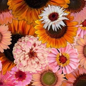 Large Sunflowers and Zinnias, Pink and Gold Floral