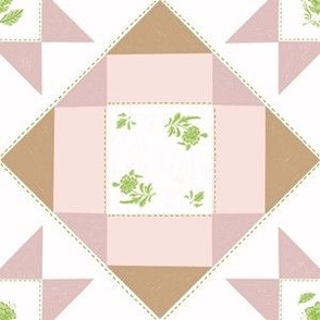 Cottage Core Floral Quilt Block - Mauve + Earth Green