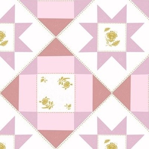 Cottage Core Floral Quilt Block - Rosy Pinks + Mustard Yellow
