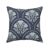 Scallop Damask Three Flowers Branches in shades of blue and green ( medium scale ).