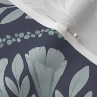 Scallop Damask Three Flowers Branches in shades of blue and green ( medium scale ).