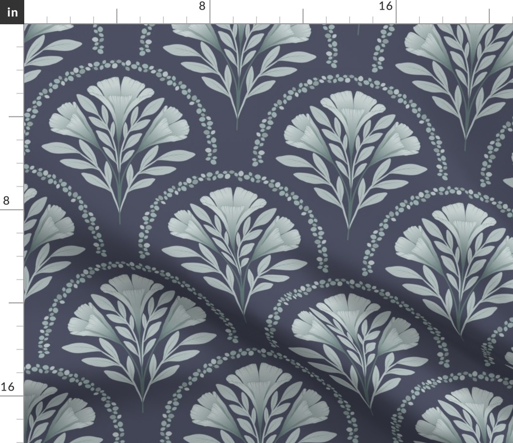 Scallop Damask Three Flowers Branches in shades of blue and green ( medium scale ).
