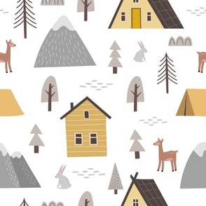 Small, Mountain Town - Homes, Tents, Deer, Bunnies - on White