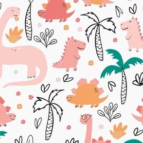 Sweet + Silly Dinosaurs in the Forest - Pink, Orange, Palm Tree, T-rex, Cartoon Dinos