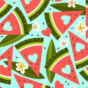 Watermelon Love hearts with frangipani flower and leaves - aqua background