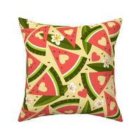 Watermelon Love hearts with frangipani flower and leaves - yellow background