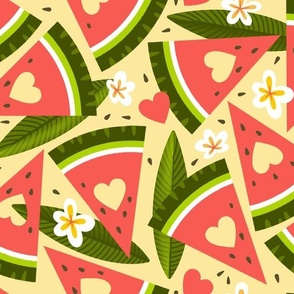 Watermelon Love hearts with frangipani flower and leaves - yellow background