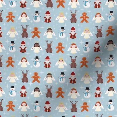 Mini - Cute Geometric Christmas Characters & Festive Stars - Cold Baby Blue & Winter White