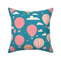 Pastel hot air balloons and clouds on blue background (big scale)