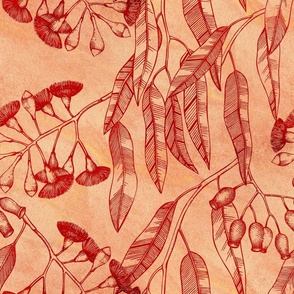 Eucalyptus garden floral | red outline on warm orange texture | medium