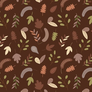 falling leaves, autumn foliage, birch, oak, walnut, twigs, dark brown background (medium)