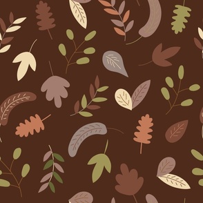 falling leaves, autumn foliage, birch, oak, walnut, twigs, dark brown background (large)