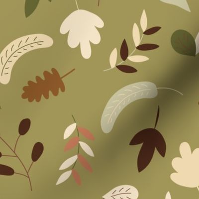 falling leaves, autumn foliage, autumn forest, white ash, willow, beech, twigs, green background (medium)