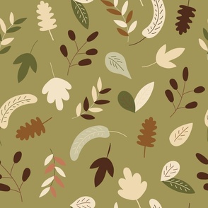 falling leaves, autumn foliage, autumn forest, white ash, willow, beech, twigs, green background (large)