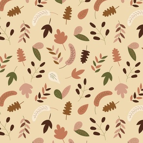 falling leaves, autumn foliage, birch, oak, walnut, cozy fall, warm beige background (medium)