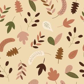 falling leaves, autumn foliage, birch, oak, walnut, cozy fall, warm beige background (large)