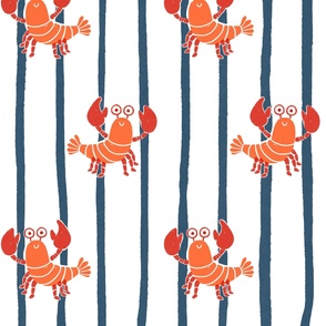 Large - Cute lobster stripe - orange red lobsters on a blue and white stripe - cute kids nursery childrens clothing - preppy summer kawaii bedding