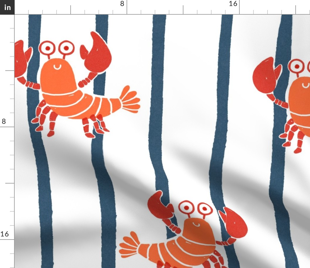 Large - Cute lobster stripe - orange red lobsters on a blue and white stripe - cute kids nursery childrens clothing - preppy summer kawaii bedding