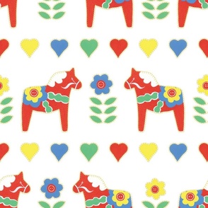 Large Hand Painted Gouache Dala Horses with Faux Stitches and White (#ffffff) Background 