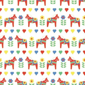 Medium Hand Painted Gouache Dala Horses with Faux Stitches and White (#ffffff) Background 