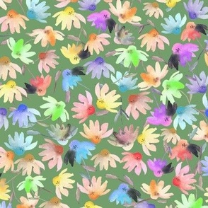  Watercolor multicolor Echinacea Meadow SMALL✷ Green Background