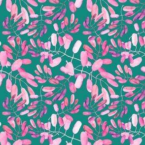 Watercolor pattern with leaves on a turquoise background