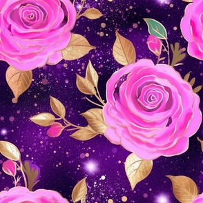 Bigger Fuchsia Hot Pink Roses Gold Leaves Purple Galaxy