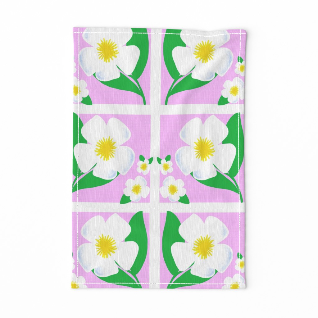 Sunny Flip Flop Magnolia Flowers Bright Yellow And White On Pink Retro Mid-Century Modern Scandi Garden Fresh Flower Blooms Quilt Squares Tile Repeat Pattern 