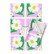 Sunny Flip Flop Magnolia Flowers Bright Yellow And White On Pink Retro Mid-Century Modern Scandi Garden Fresh Flower Blooms Quilt Squares Tile Repeat Pattern 
