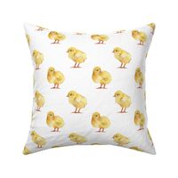 Large-  Enchanting Watercolor Artistry: Farmyard Scenes Evoked Through Hand-Painted Patterns Featuring Yellow Baby Chicks, and Rural Life on white background