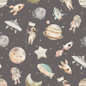 Astronaut Space Nursery Moon and planets in space Rocket Ship dark grey kids star lumar Saturn plant