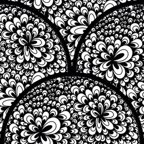 12” Black and White Blooming Doodle Art Deco Scallop - Medium