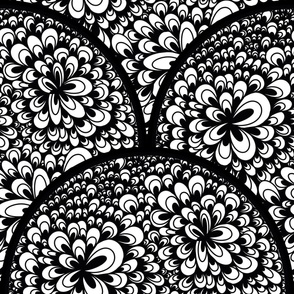 24” Black and White Blooming Doodle Art Deco Scallop - Medium